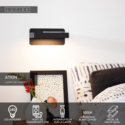 Lucide ATKIN - Lampe de chevet / Applique mural - LED - 1x6W 3000K - Point de rechargement USB - Noir